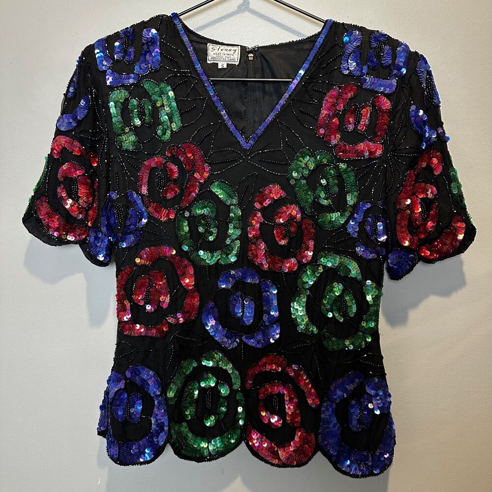 Vintage Stenay Colorful Sequin Scalloped Top Womens Small 100% Silk